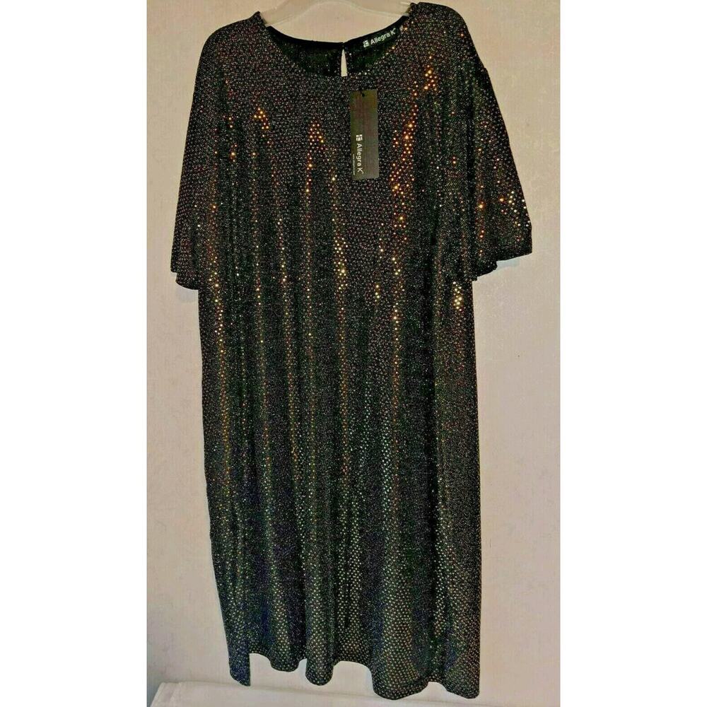 Allegra K Black Gold Sequin Even Flow Dress - L